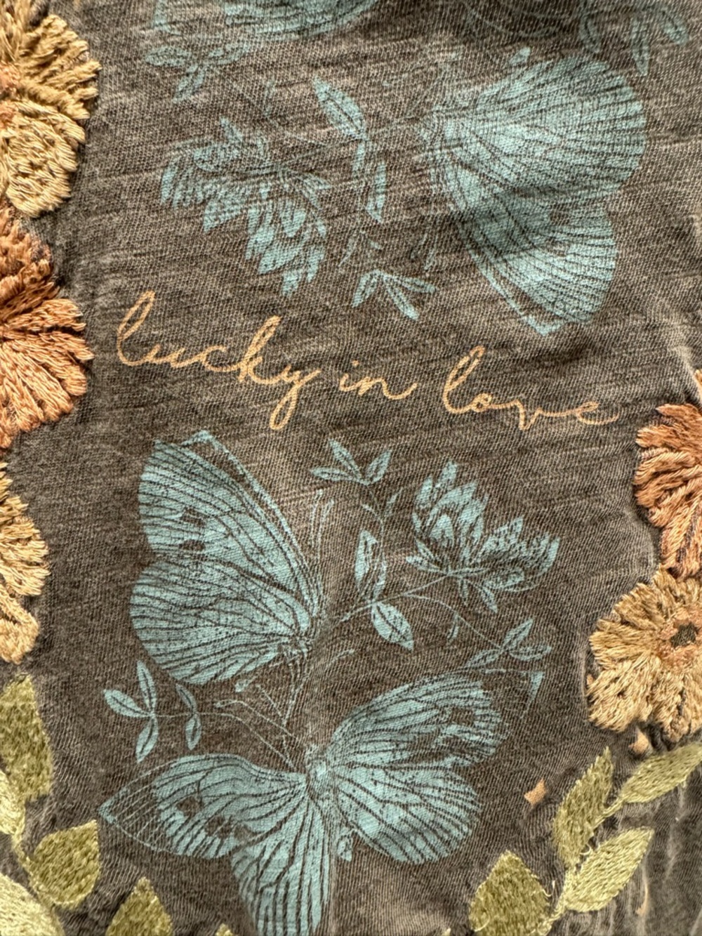 Lucky Brand Olive Short Sleeve Tee with Floral & Butterfly Embroidery - Picture 2 of 4